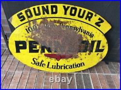 Vtg Pennzoil Sound your Z 1960s double-sided metal sign Gas Oil Station