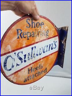Vtg Porcelain Double Sided Flange Sign Shoe Repairing O'Sullivan's Heels Attach