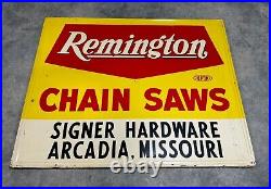 Vtg original Remington Chainsaw dealer sign Stout Sign co Arcadia, Mo 45x57