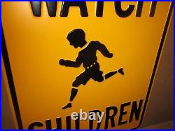 WATCH CHILDREN OLD VINTAGE ORIGINAL -USA HIGHWAY -Big 6lb Sign SCHOOL PARK